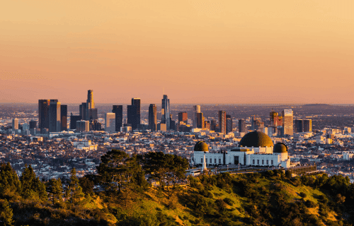 Los Angeles skyline The Los Angeles skyline at sunset, seen from the hills near Griffith Observatory