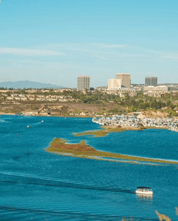 Orange County harbor with a jetty, boats, and buildings along the coast